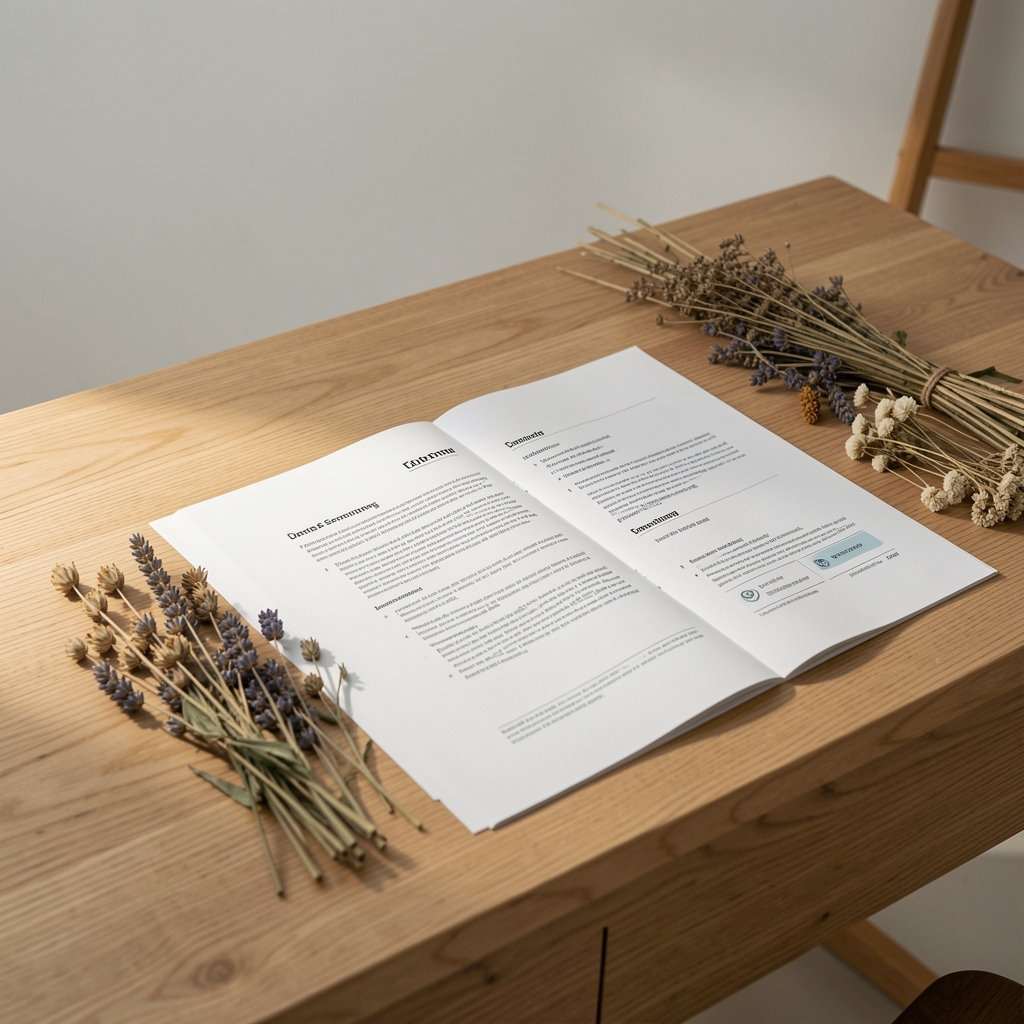 Minimalist editorial workspace with a wooden desk, open ingredient sourcing documents, and dried botanical samples arranged under controlled studio lighting