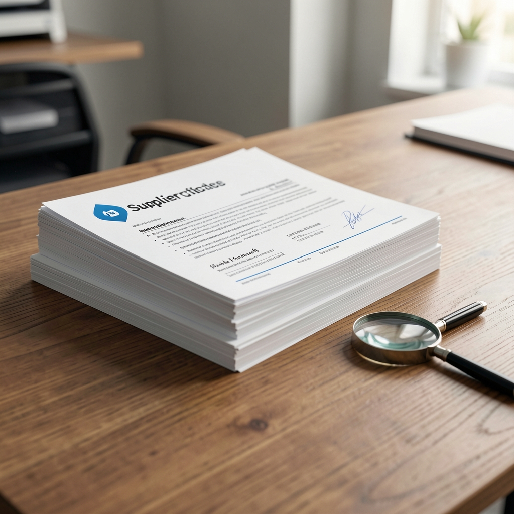 Stack of printed sourcing documentation and supplier certificates on a wooden desktop, with a magnifying glass and pen beside them in a softly lit office setting