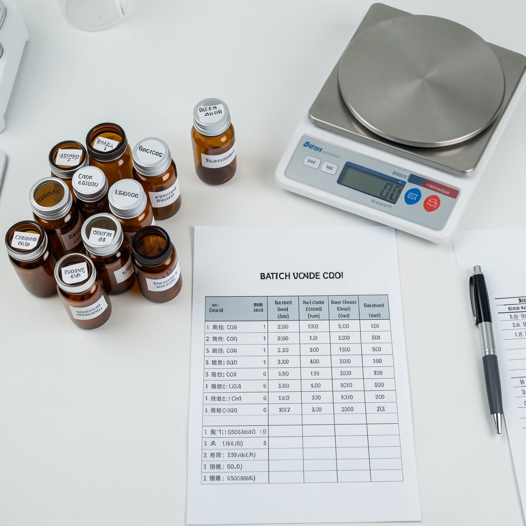 Overhead view of a clean quality-control workspace with labelled amber glass sample containers, batch code log sheets, and a calibrated scale under bright studio lighting