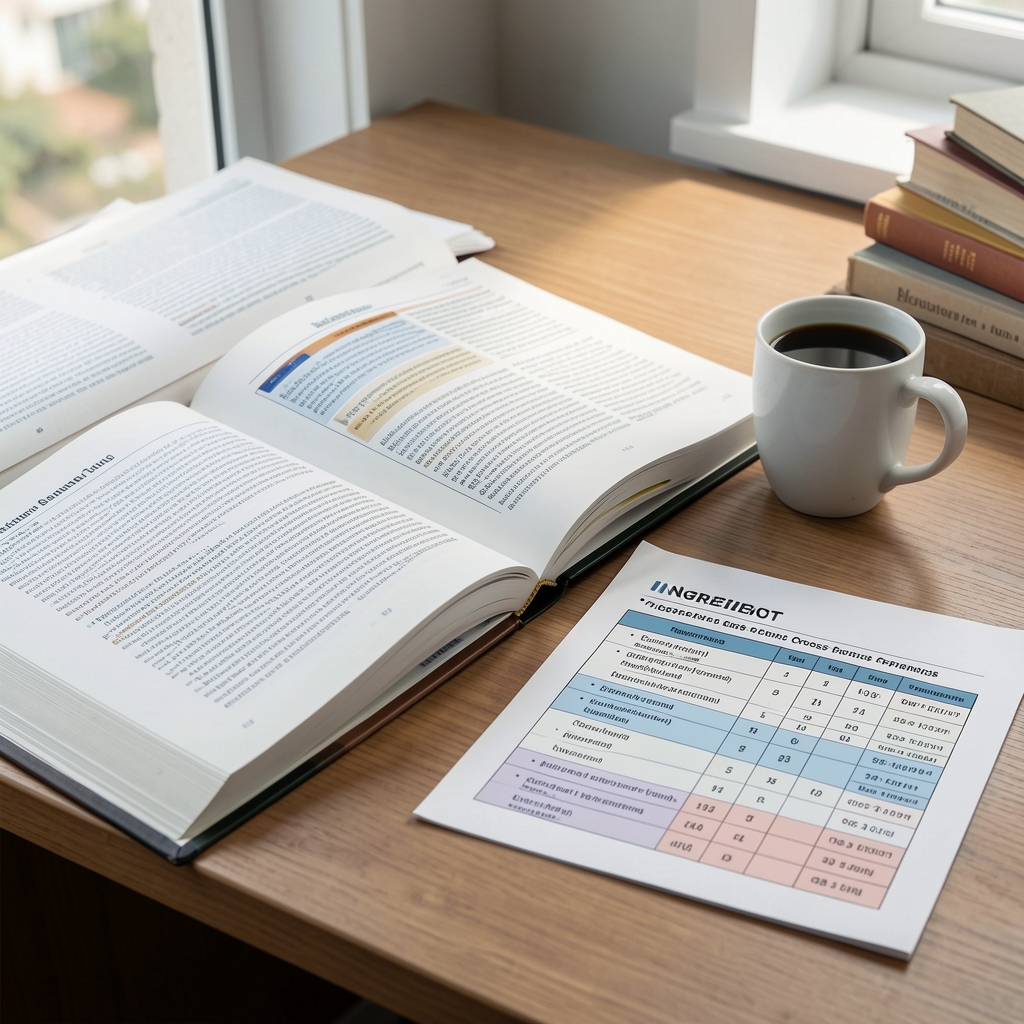 Editorial desk with open research journals, highlighted sourcing documentation, and a printed ingredient cross-reference chart beside a cup of black coffee in natural window light