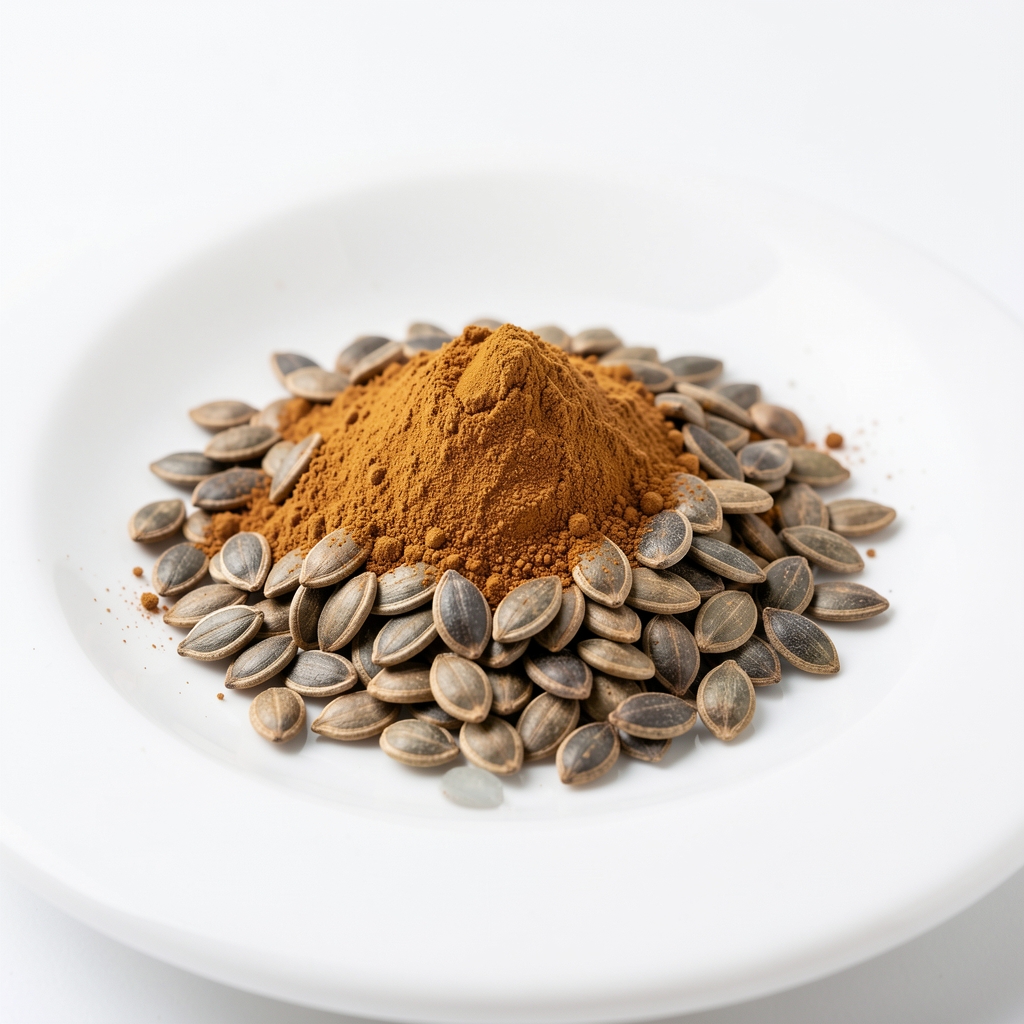 Dried zinc-rich pumpkin seeds and mineral powder arranged on a clean white ceramic surface under bright controlled studio lighting