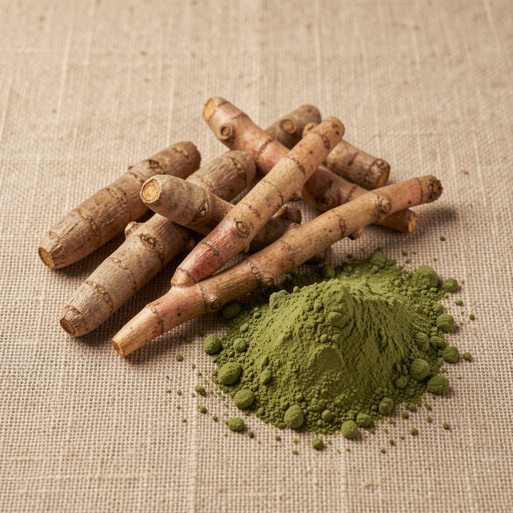 Ashwagandha and rhodiola rosea roots laid alongside green tea extract powder on a natural linen background in soft diffused lighting