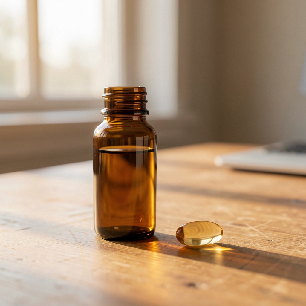 Vitamin D3 soft-gel supplement beside a small amber glass bottle on a wooden desk with warm morning window light