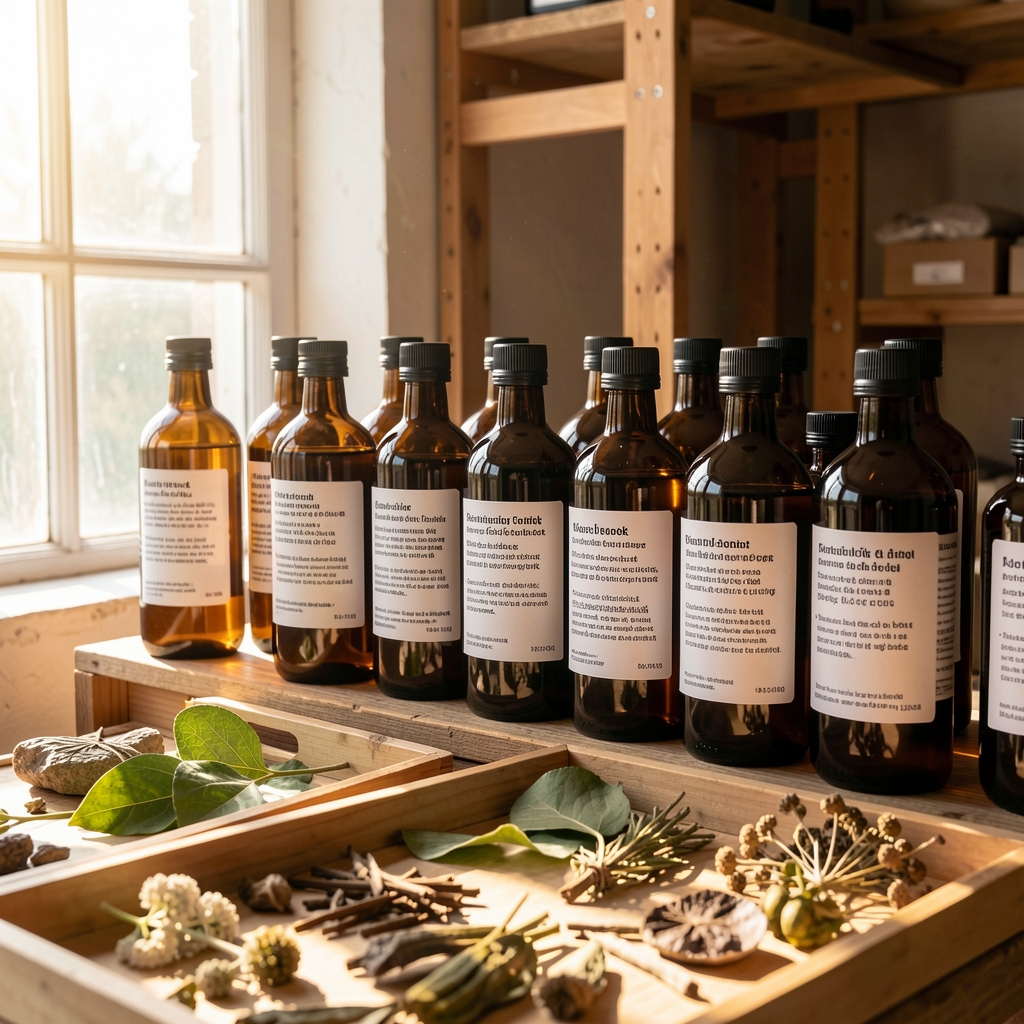 Row of sealed dark amber glass extract bottles with white printed labels on a wooden shelf in a sunlit storage room, botanical specimens visible on a tray in the foreground